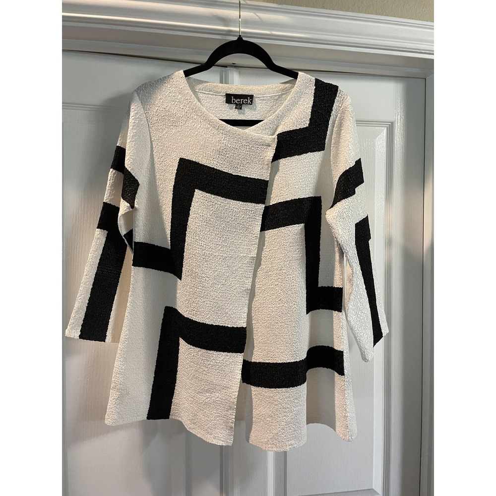 Berek Jacket Womens Large White Black Geometric Knit Button Front 3/4 Sleeve